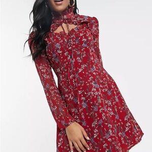 Sexy MISSGUIDED Red Ruffle Floral DRESS Neck Tie women size 6 / 8 Long sleeve